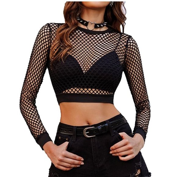 Fishnet Crop Top Long Sleeve - Picture 1 of 6